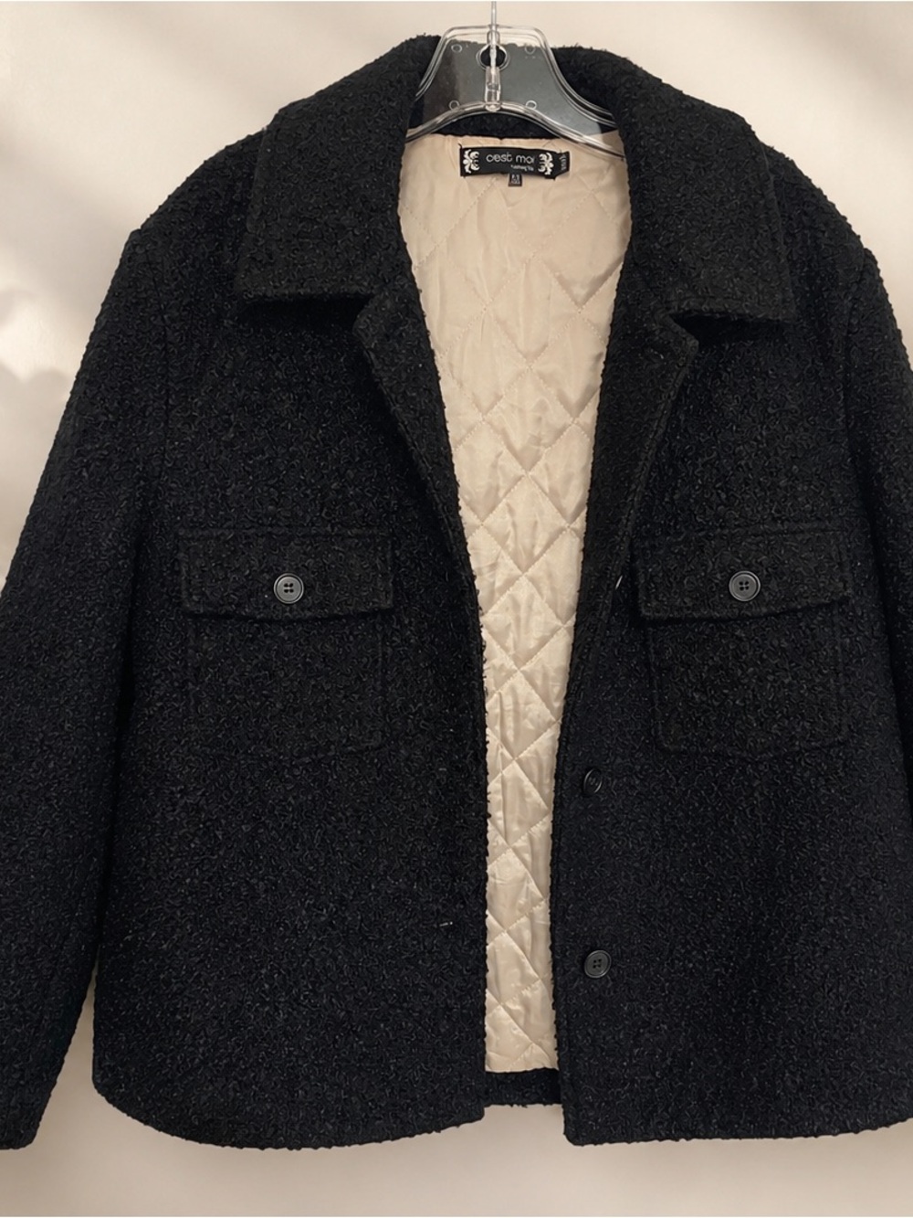 C'est Moi Black Bouclé Quilted-Lined Shirt Jacket